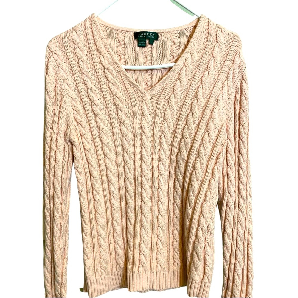 EUC LAUREN RALPH LAUREN CREAM/BLUSH CABLE KNOT SWEATER SIZE LARGE - Picture 1 of 12